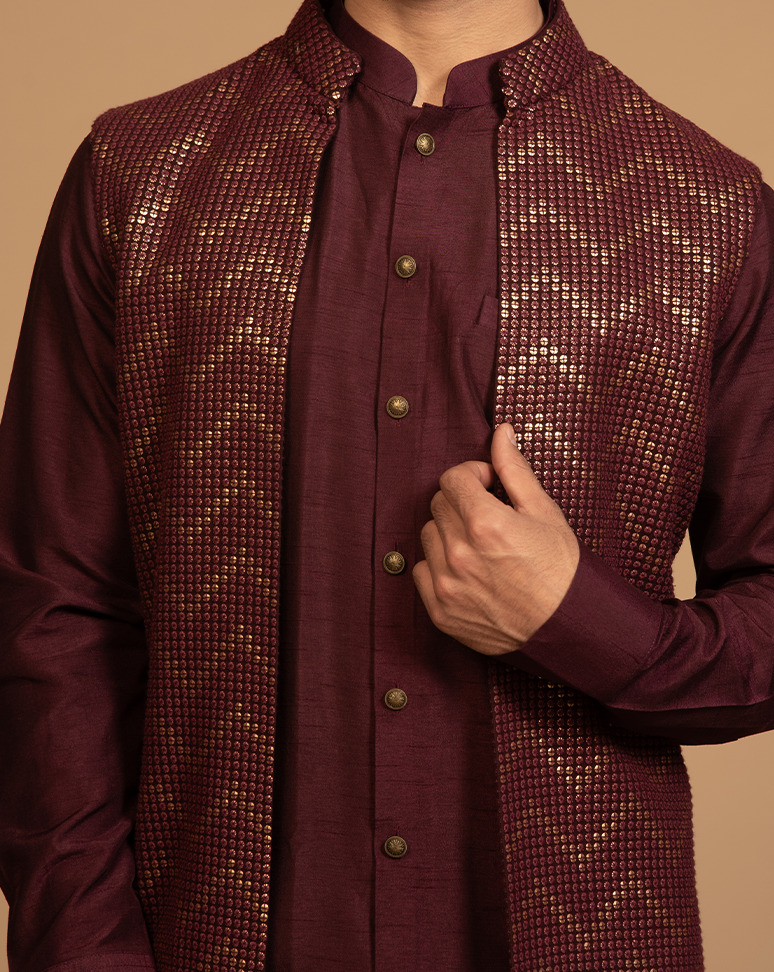 Wine Embroidered Nehru Jacket and Kurta Set