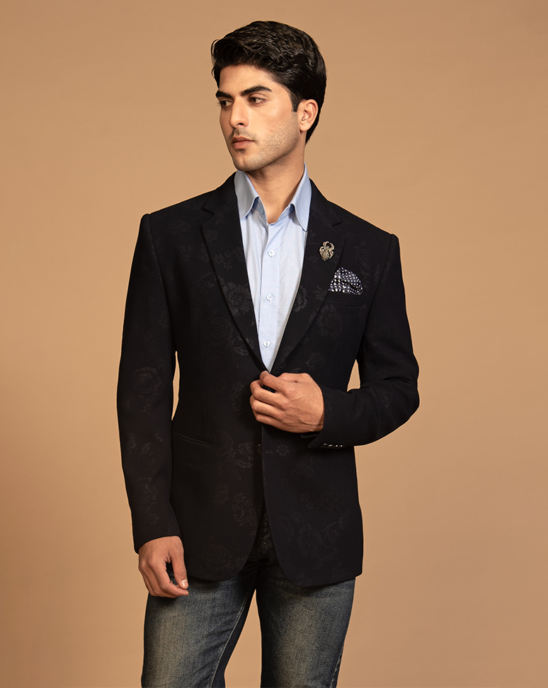 Dark Blue Self Print Blazer