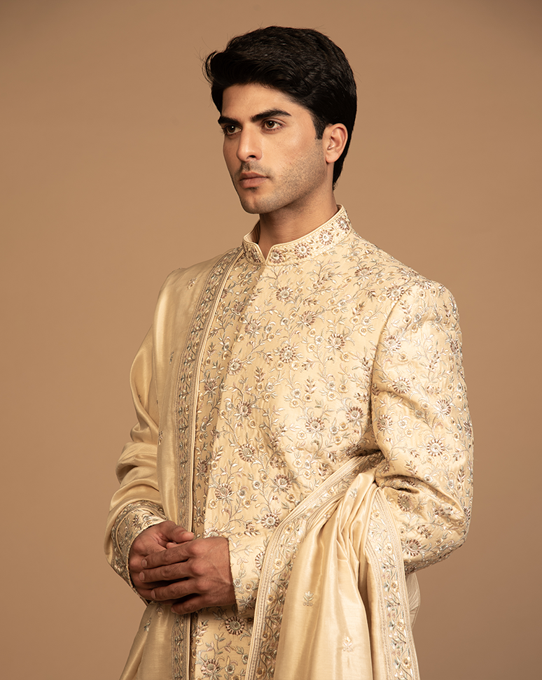 Light Gold Thread Embroidered Sherwani