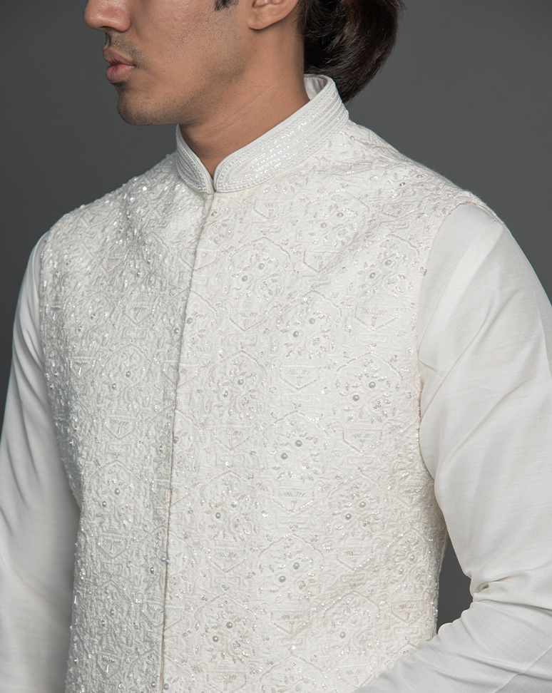 White Embroidered Nehru Jacket and Kurta Set