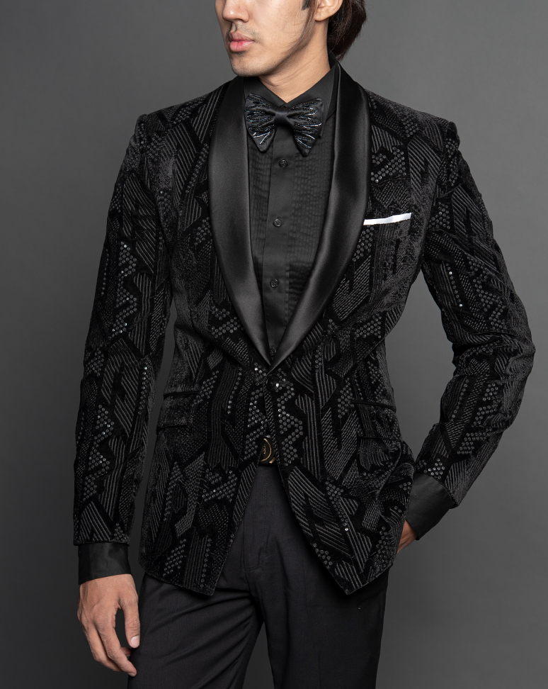 Black Geometric Embroidered Tuxedo Suit