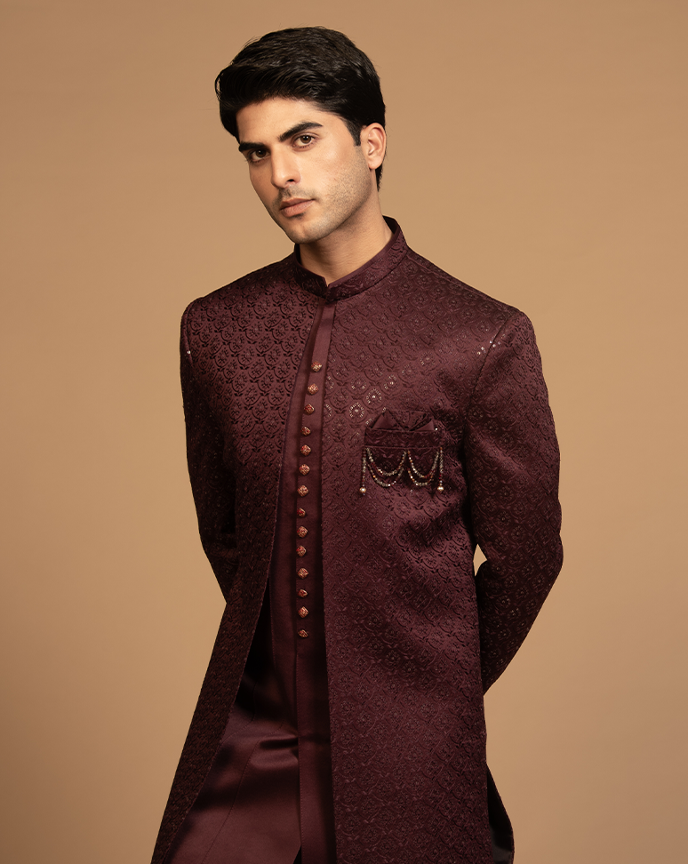 Wine Embroidered Indo Western Set