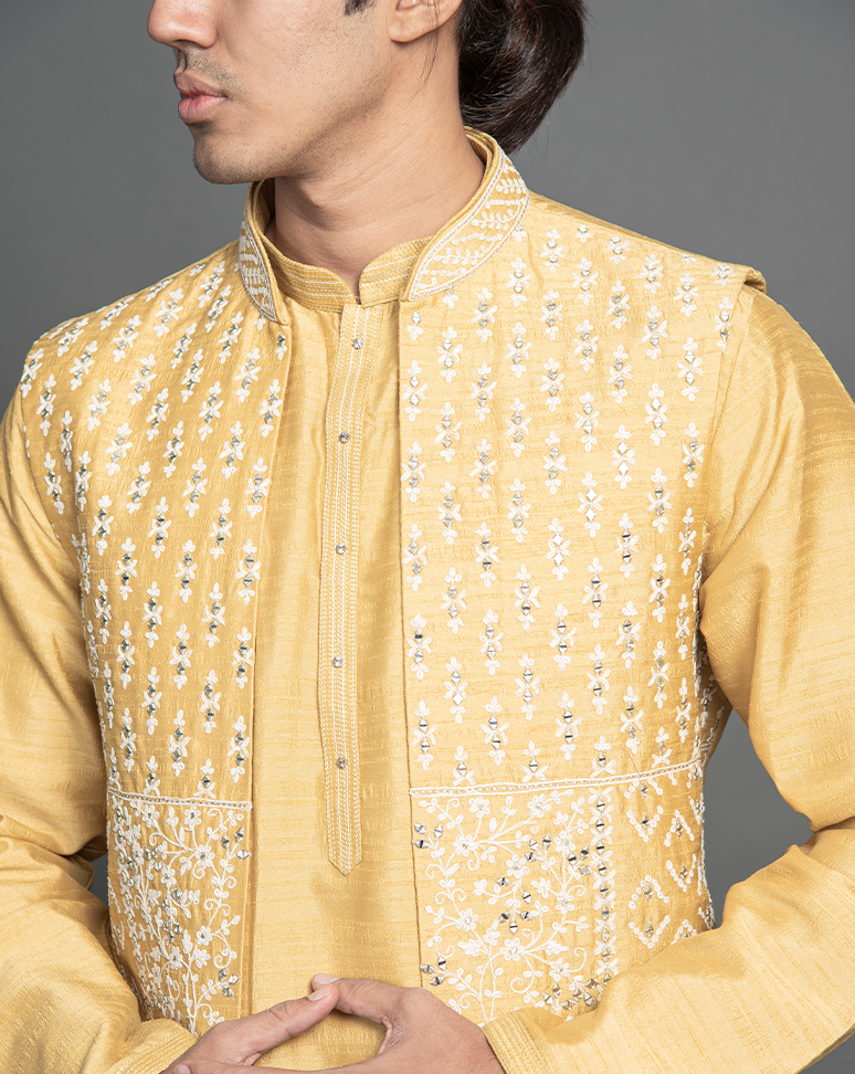 Mustard Yellow Embroidered Nehru Jacket and Kurta Set