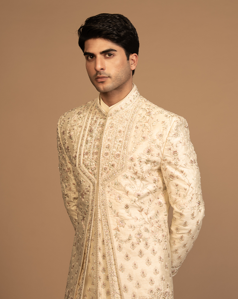 Beige Layered Embroidererd Sherwani