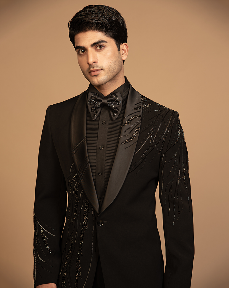 Black Partly Embroidered Tuxedo