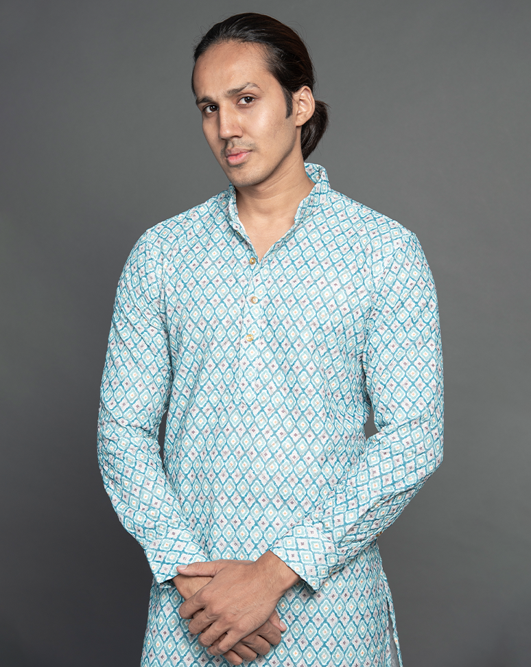 White and Teal Embroidered Kurta Set