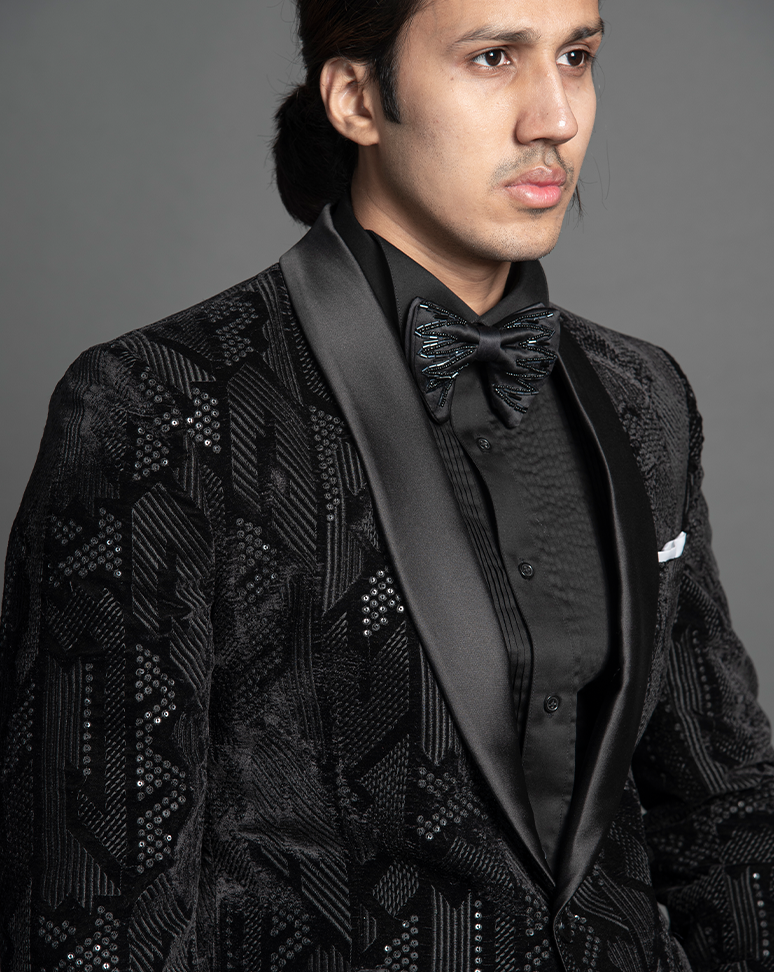 Black Geometric Embroidered Tuxedo Suit