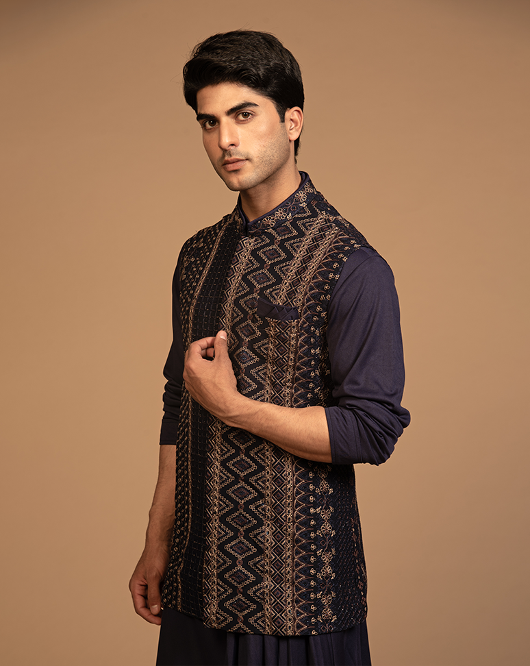 Navy Blue Embroidered Nehru Jacket and Kurta Set