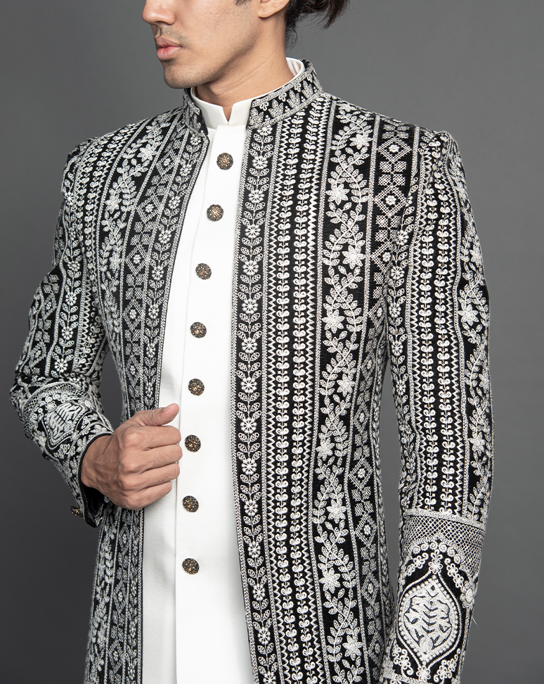 Black and White Pattern Embroidered Indo Western Set