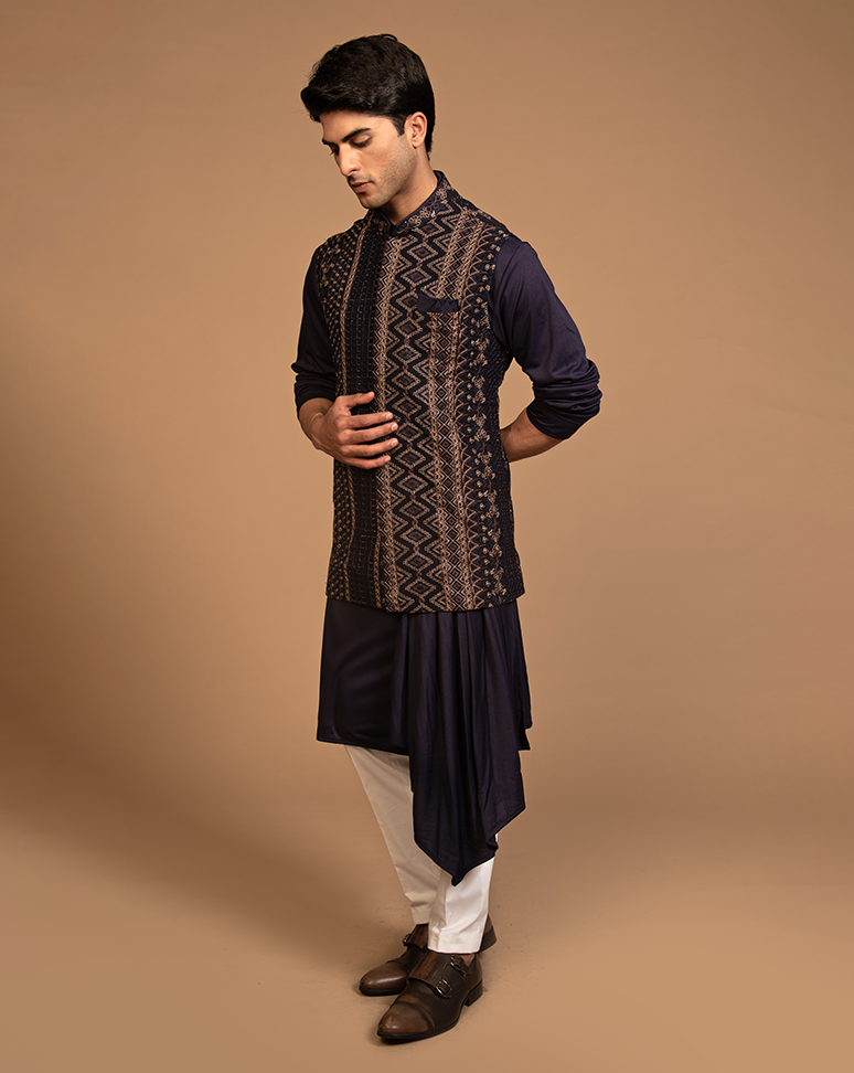 Navy Blue Embroidered Nehru Jacket and Kurta Set