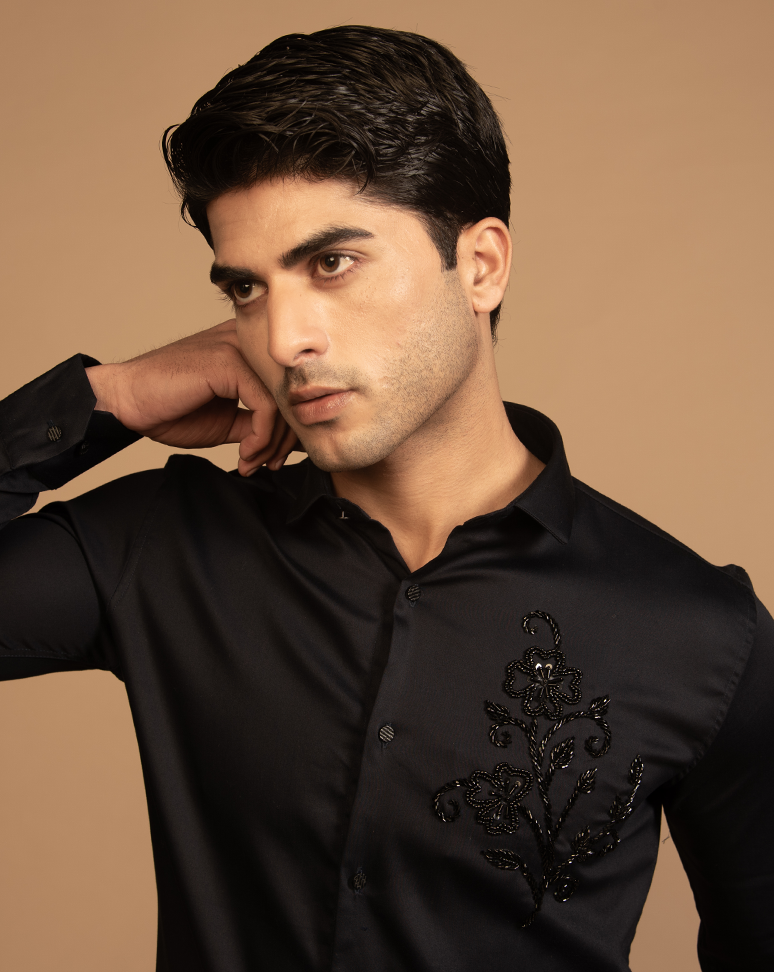 Black Cutdana Embroidered Shirt