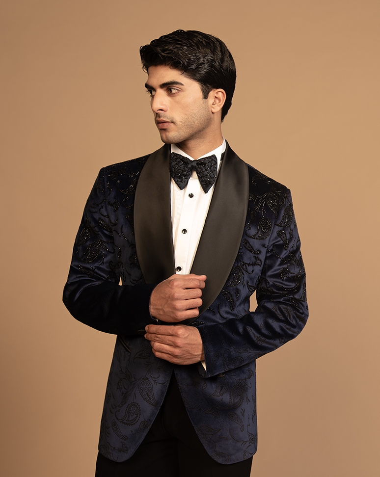 Navy Blue Velvert Embroidered Tuxedo