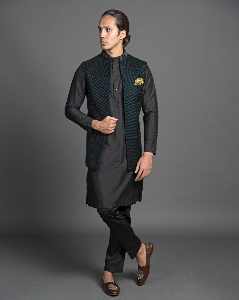 Dark Green Velvet Nehru Jacket and Kurta Set