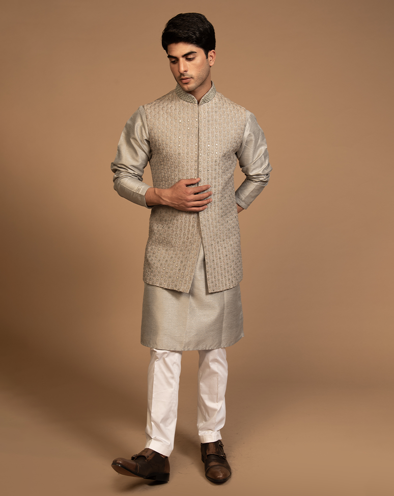 Grey Embroidered Nehru Jacket and Kurta Set