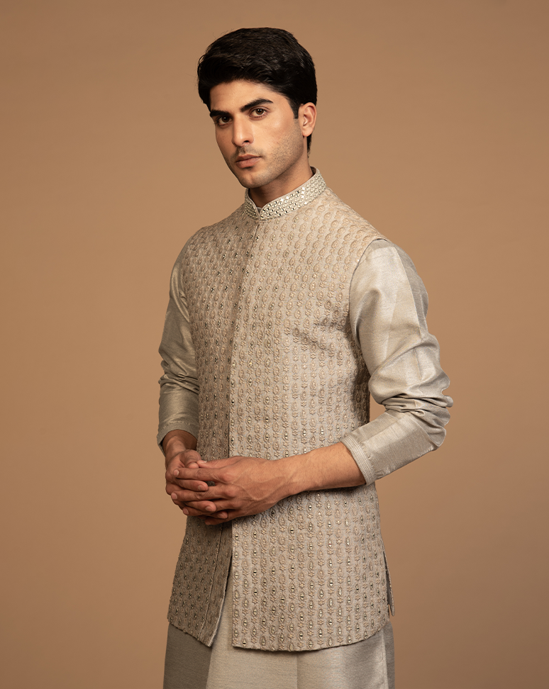 Grey Embroidered Nehru Jacket and Kurta Set