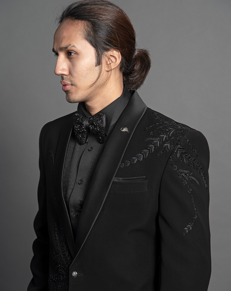 Black Cutdana Embroidered Tuxedo Suit