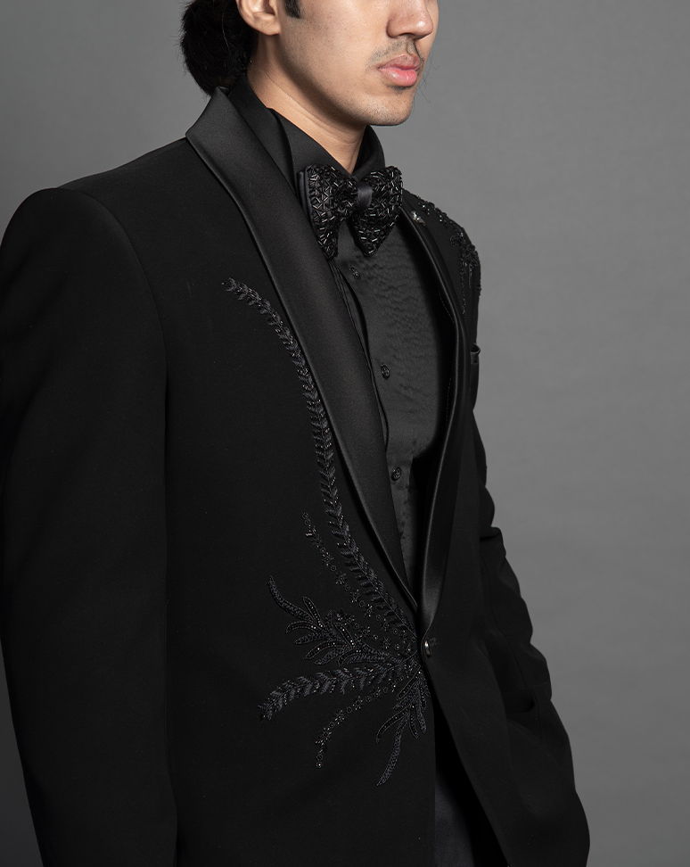 Black Cutdana Embroidered Tuxedo Suit