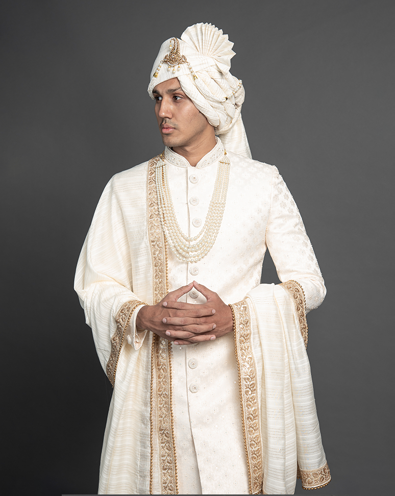 Ivory Jacquard & Embroidered Sherwani