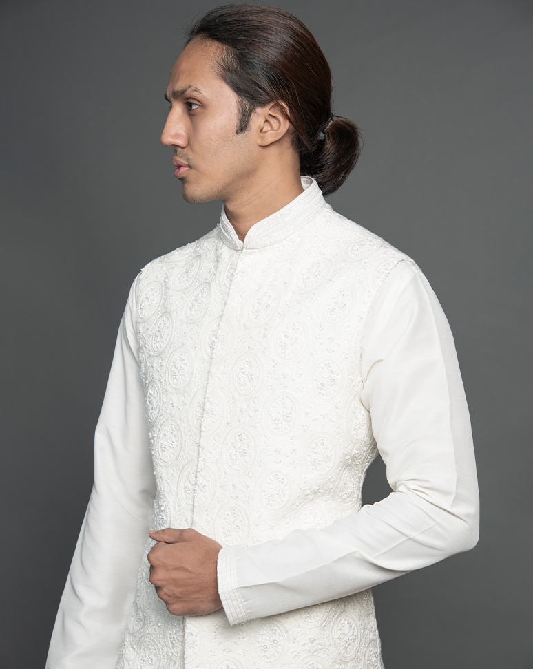 White Beads and Cutdana Embroidered Nehru Jacket and Kurta Set