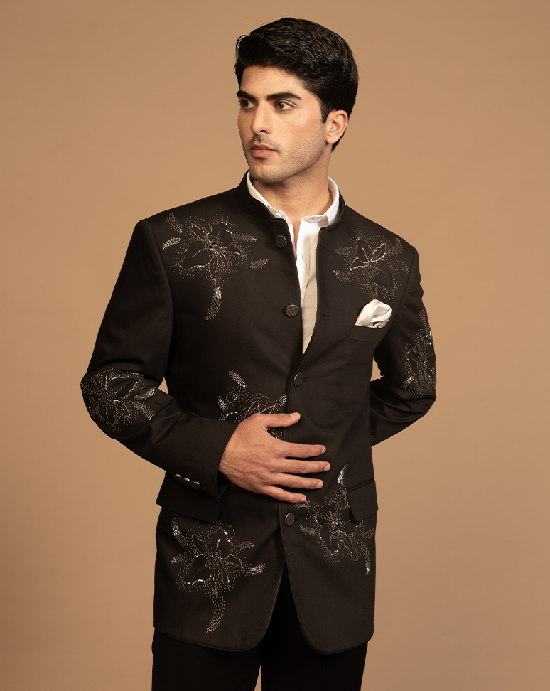 Black Floral Embroidered Bandhgala Set