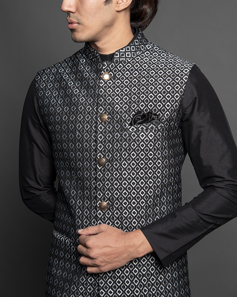 Black and Silver Jacquard Nehru Jacket and Kurta Set Teal Man