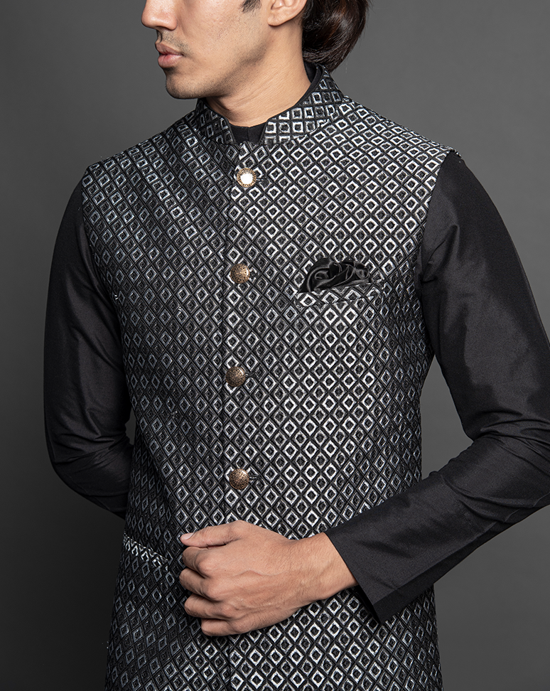 Black and Silver Jacquard Nehru Jacket and Kurta Set