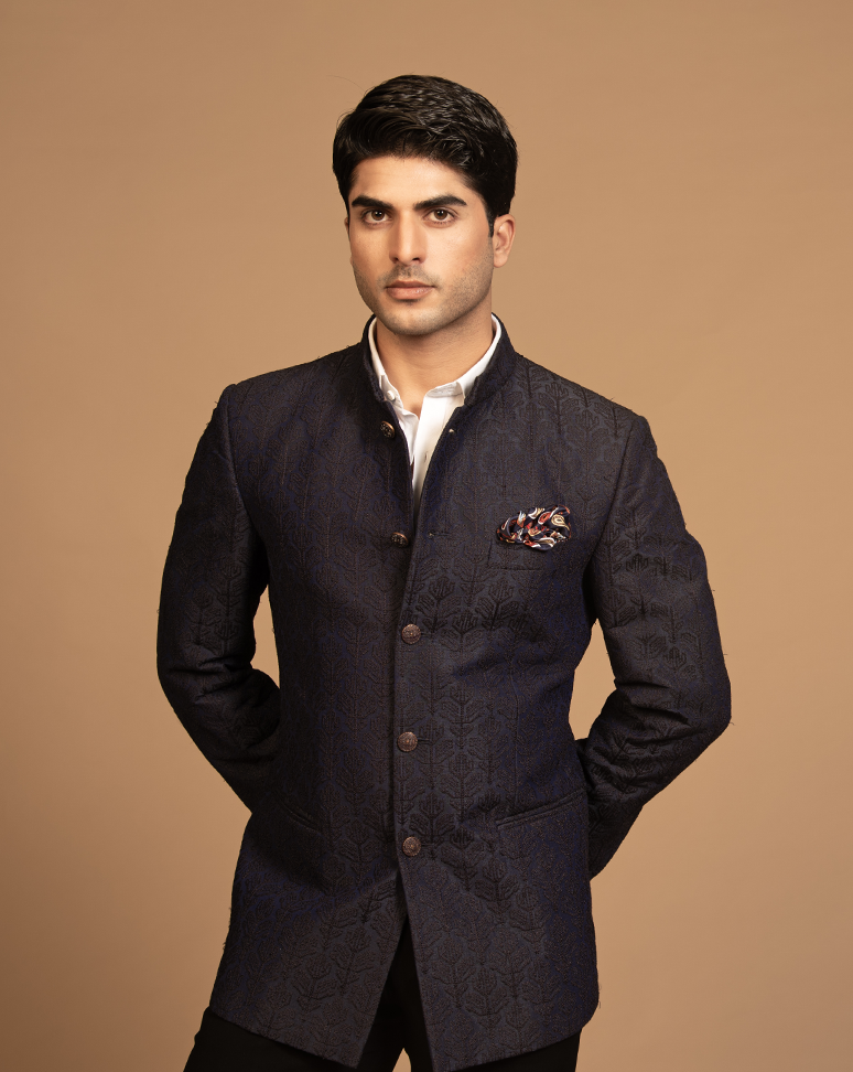 Navy Blue Jacquard Bandhgala set