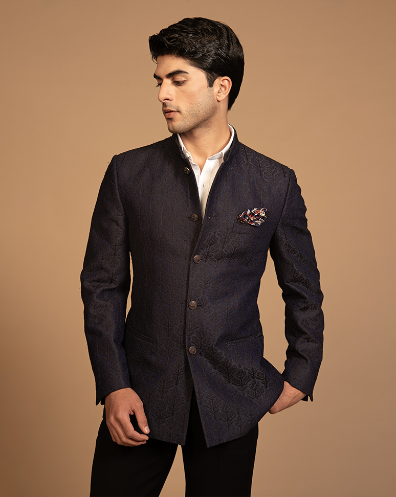 Navy Blue Jacquard Bandhgala set