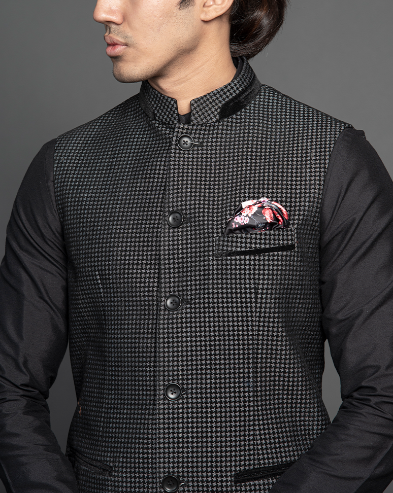 Black Jacquard Nehru Jacket and Kurta Set