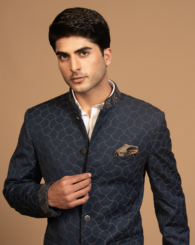 Dark Blue Embroidered Bandhgala set