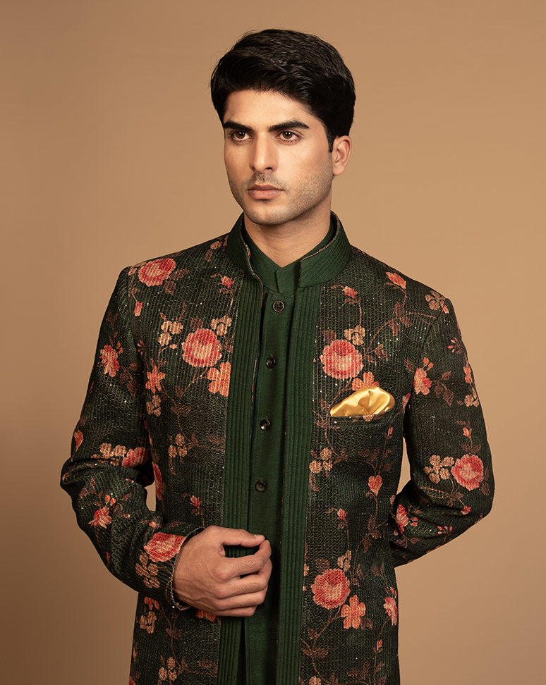 Dark Green Floral Print Indo Western Set