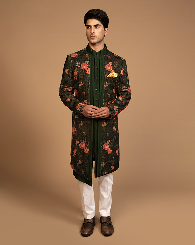 Dark Green Floral Print Indo Western Set