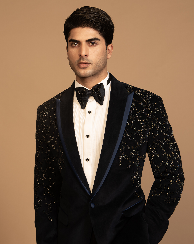 Navy Blue Beads Embroidered Tuxedo