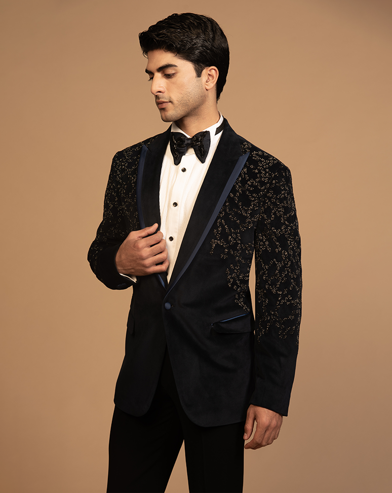 Navy Blue Beads Embroidered Tuxedo