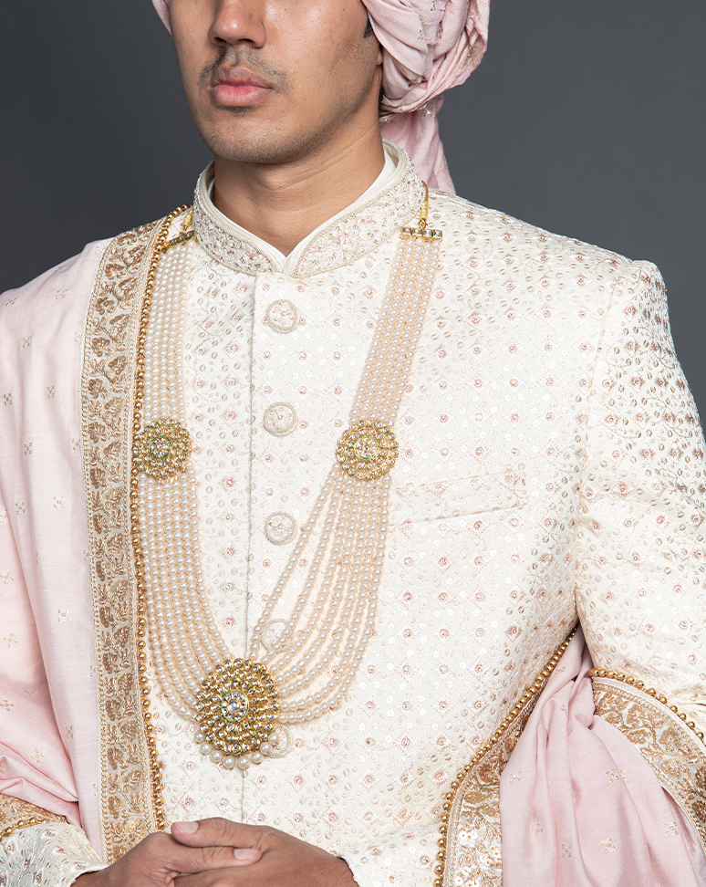 Ivory Sherwani with Pink Detailing